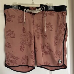 Vuori Pink and Black Board Shorts with Tonal Floral Design